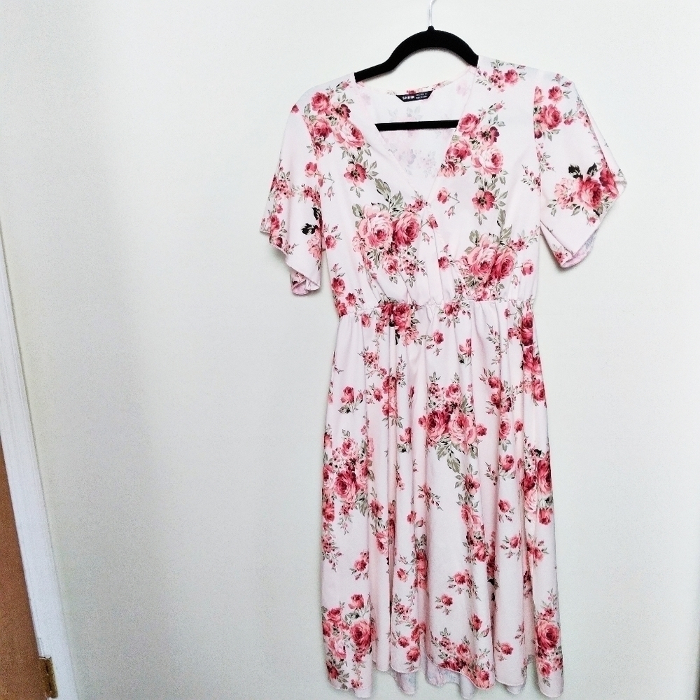 Shein Floral Print Short Sleeve Faux Wrap Surplice Neckline Dress